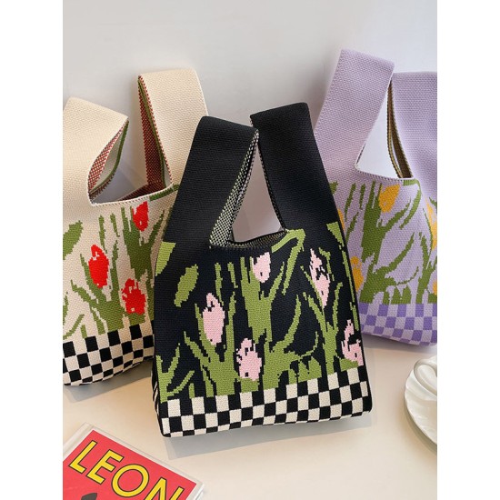 Checkerboard Floral Printed Woven Handbag Bags Accessories