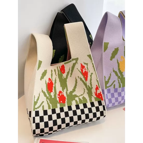 Checkerboard Floral Printed Woven Handbag Bags Accessories