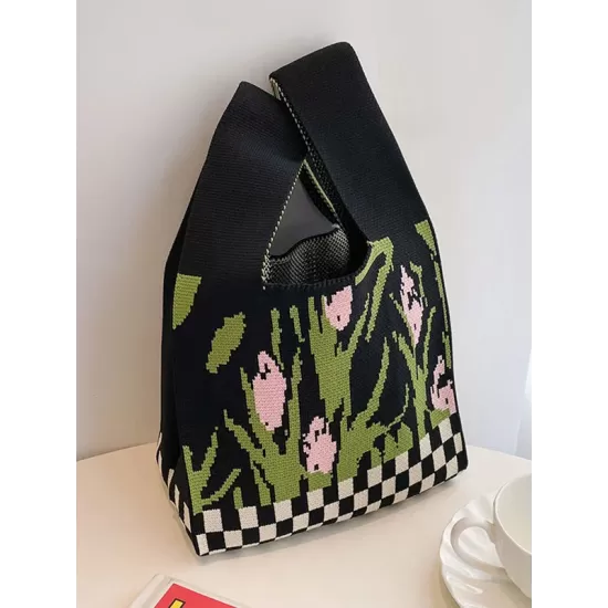 Checkerboard Floral Printed Woven Handbag Bags Accessories