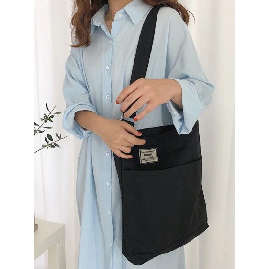 Simple Solid Color With-pockets Canvas Handbag