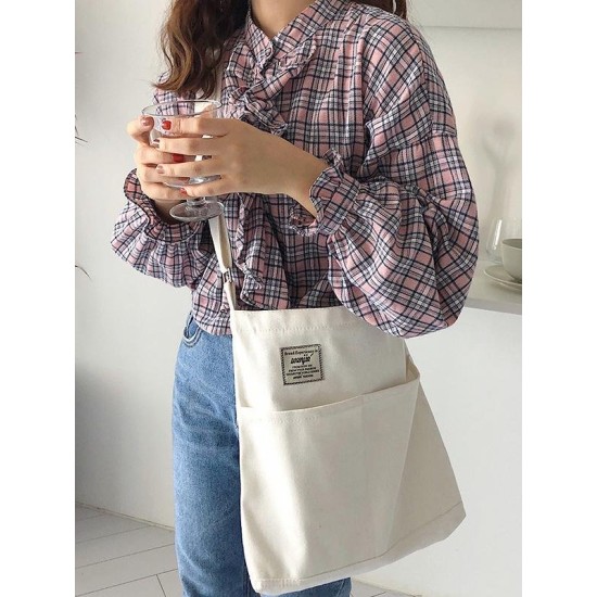 Simple Solid Color With-pockets Canvas Handbag