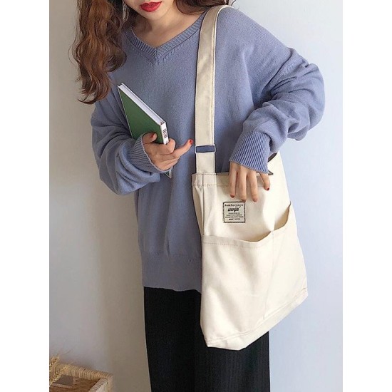 Simple Solid Color With-pockets Canvas Handbag