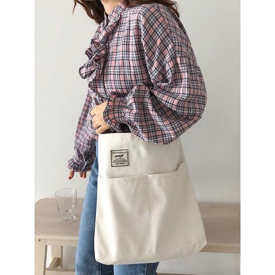 Simple Solid Color With-pockets Canvas Handbag