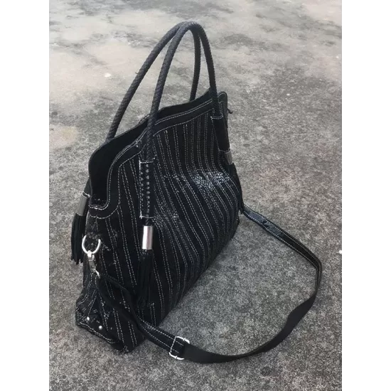 Split-joint Striped Shoulder Sling Leather Bag