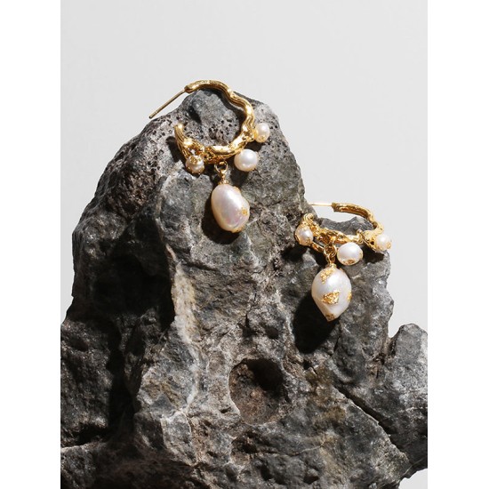 Gold Foil French Baroque Vintage Natural Pearl Earrings