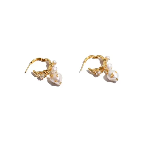 Gold Foil French Baroque Vintage Natural Pearl Earrings