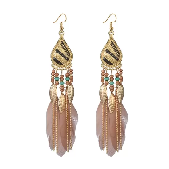 National Original Feather Tassels Beads 6 Colors Earrings