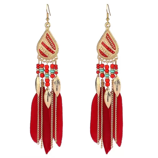 National Original Feather Tassels Beads 6 Colors Earrings