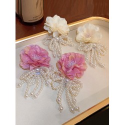 Flower-Embellished Imitation Pearl  Tasseled Earrings Accessories