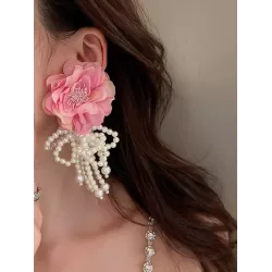 Flower-Embellished Imitation Pearl  Tasseled Earrings Accessories