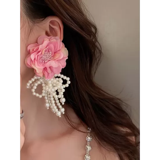 Flower-Embellished Imitation Pearl  Tasseled Earrings Accessories