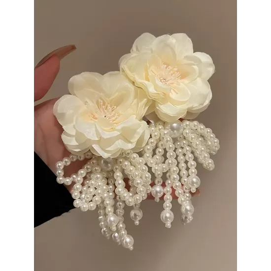 Flower-Embellished Imitation Pearl  Tasseled Earrings Accessories