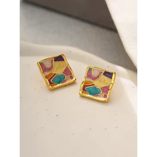 Multi-Colored Enamel Oil Painting Style Square Earrings