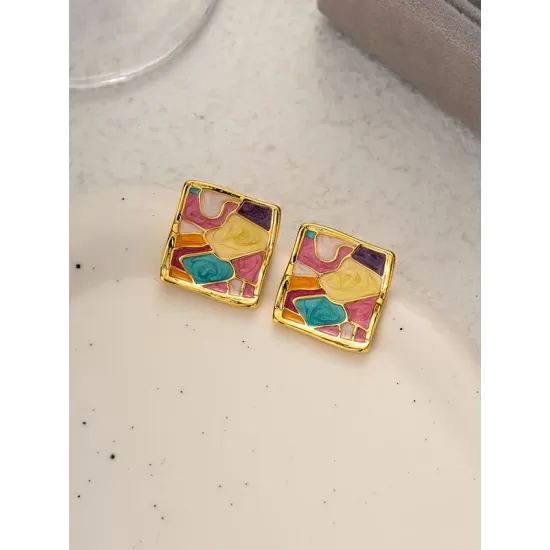 Multi-Colored Enamel Oil Painting Style Square Earrings