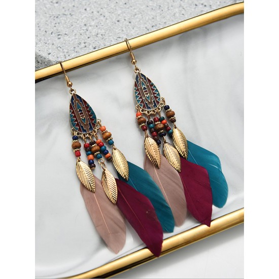 National Original 5 Colors Feather Tassels Beads Chains 6 Colors Earrings