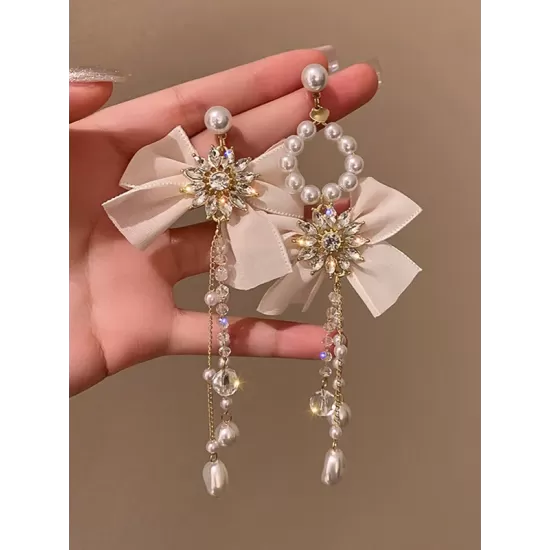 Vintage Rhinestone Bow-Embellished Tasseled Earrings Accessories