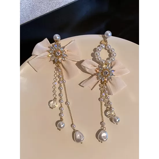 Vintage Rhinestone Bow-Embellished Tasseled Earrings Accessories