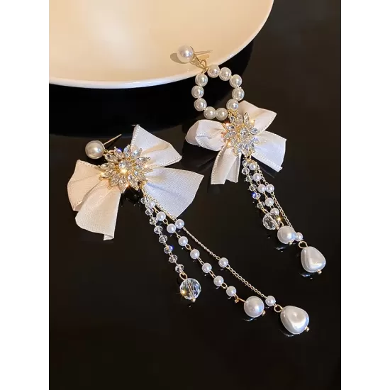 Vintage Rhinestone Bow-Embellished Tasseled Earrings Accessories