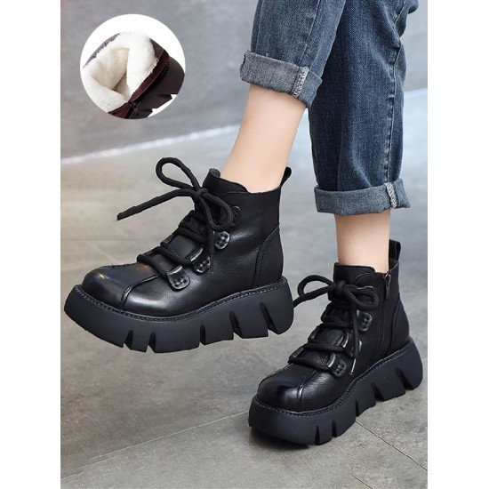 Vintage Cow Leather Wool Boots Platform Shoes