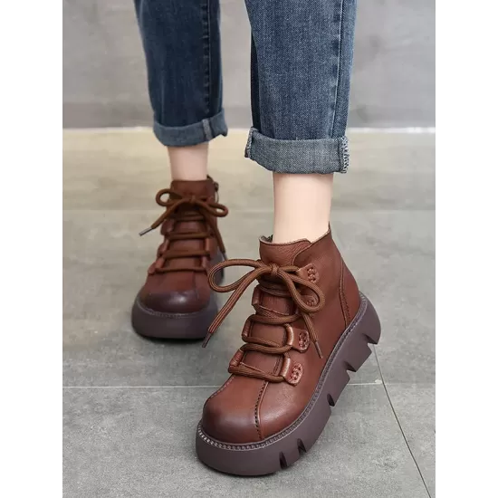 Vintage Cow Leather Wool Boots Platform Shoes