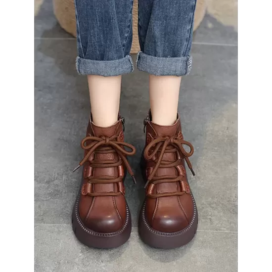 Vintage Cow Leather Wool Boots Platform Shoes