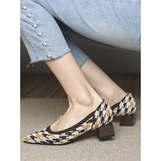 Contrast Color Houndstooth Pointed-Toe Round Cut Pumps Mid Heels