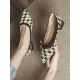 Contrast Color Houndstooth Pointed-Toe Round Cut Pumps Mid Heels