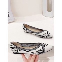 Contrast Color Hollow Pointed-Toe Split-Joint V-Cut Zebra-Stripe Flats Flat Shoes