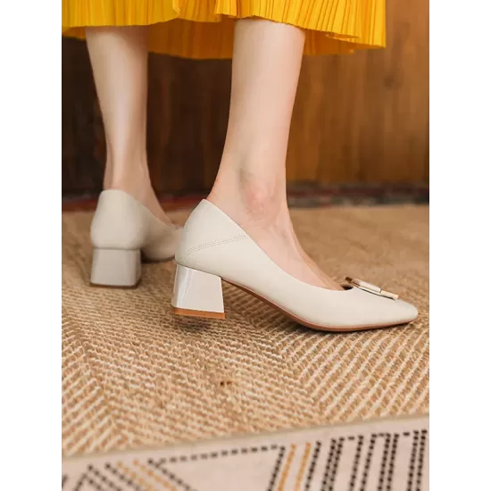 Elegant Square Buckle Chunky Square Mid Heel Shoes