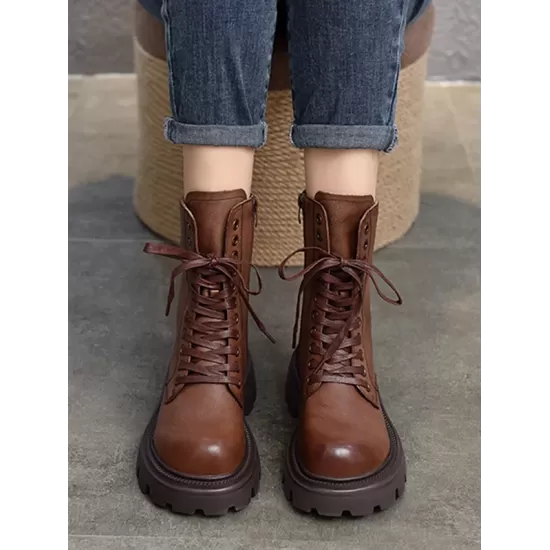 Vintage Cow Leather Mid Heels Height Boots