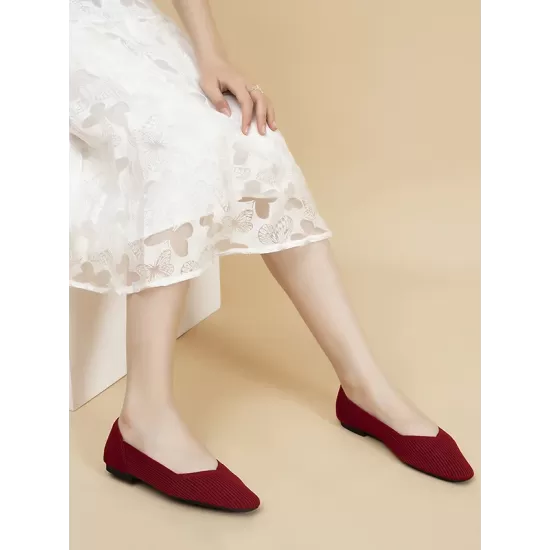 Solid Color Split-Joint Square-Toe V-Cut Flat Shoes