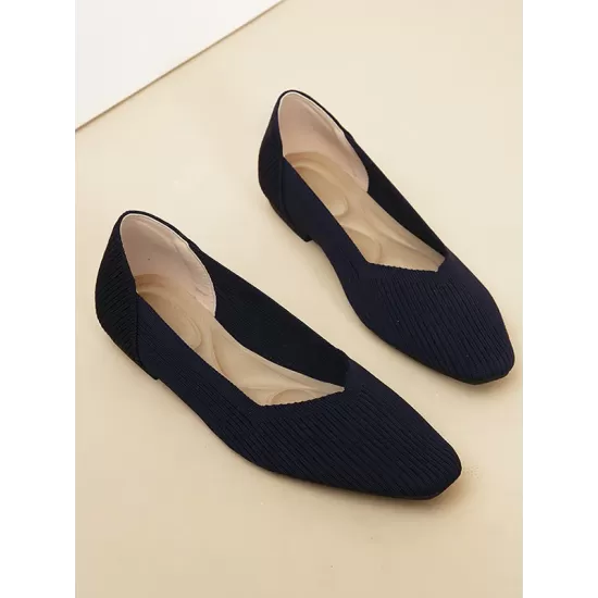 Solid Color Split-Joint Square-Toe V-Cut Flat Shoes