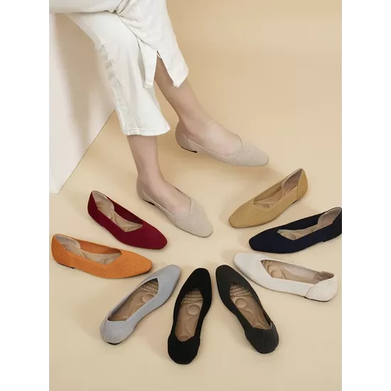 Solid Color Split-Joint Square-Toe V-Cut Flat Shoes