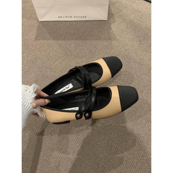 Contrast Color Round Cut Split-Joint Square-Toe Low Heels Flat Shoes Flats