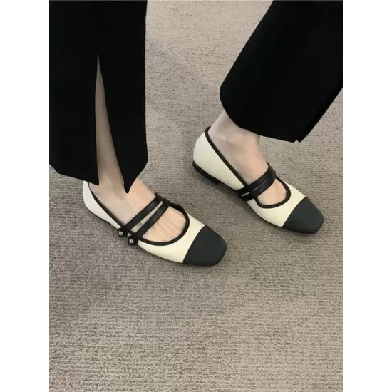 Contrast Color Round Cut Split-Joint Square-Toe Low Heels Flat Shoes Flats