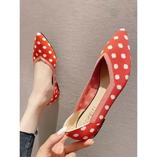 Contrast Color Pointed-Toe Polka-Dot V-Cut Low Heels Flat Shoes