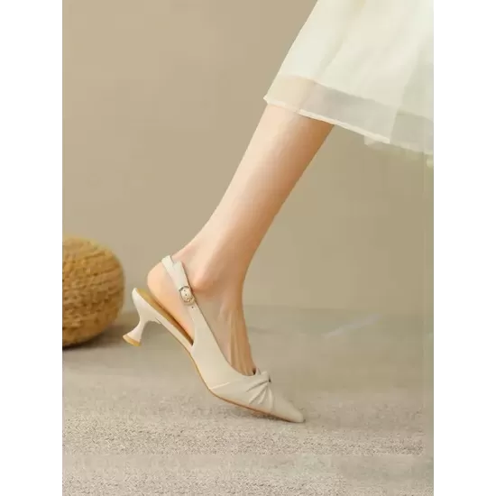 Pleated Pointed-Toe Shallow Cut Sling Shoes