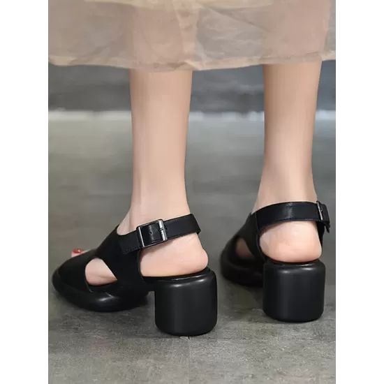 Hollow Open Toe Solid Color Block Heel Sandals