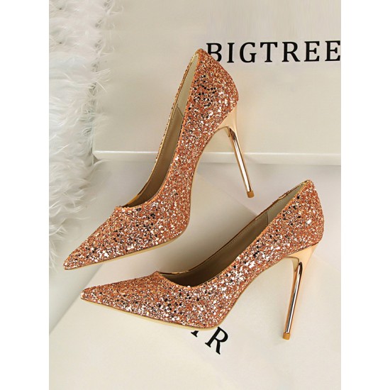 Pointed-Toe Sequined Shallow Cut Pumps