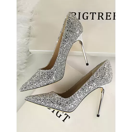 Pointed-Toe Sequined Shallow Cut Pumps