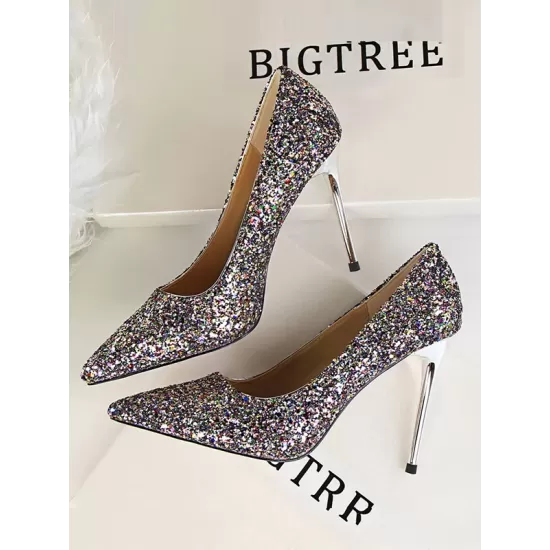 Pointed-Toe Sequined Shallow Cut Pumps