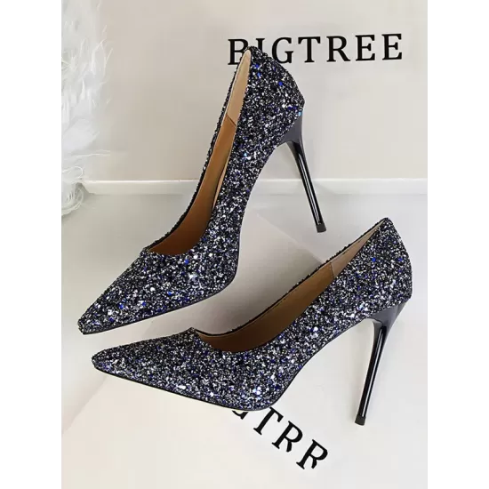 Pointed-Toe Sequined Shallow Cut Pumps