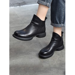 Round-Toe Solid Color Zipper Boots