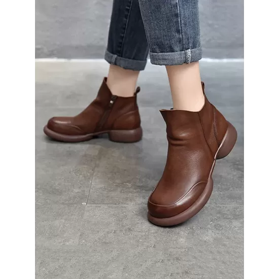 Round-Toe Solid Color Zipper Boots