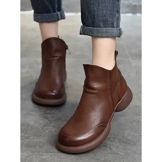 Round-Toe Solid Color Zipper Boots