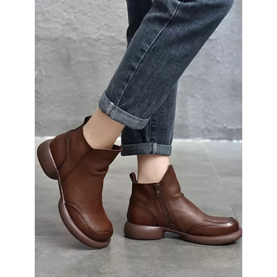 Round-Toe Solid Color Zipper Boots