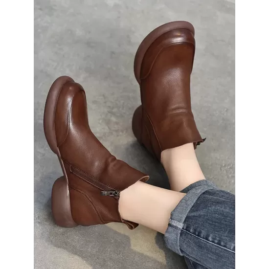 Round-Toe Solid Color Zipper Boots