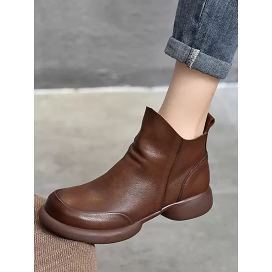 Round-Toe Solid Color Zipper Boots