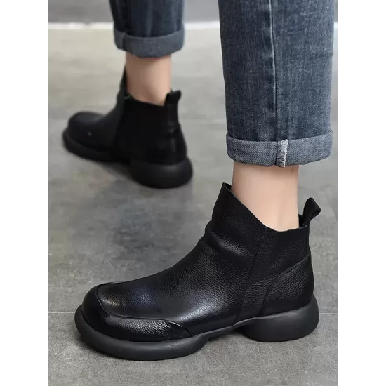 Round-Toe Solid Color Zipper Boots