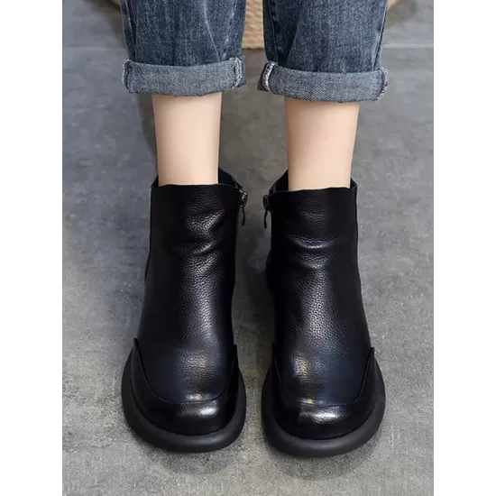 Round-Toe Solid Color Zipper Boots